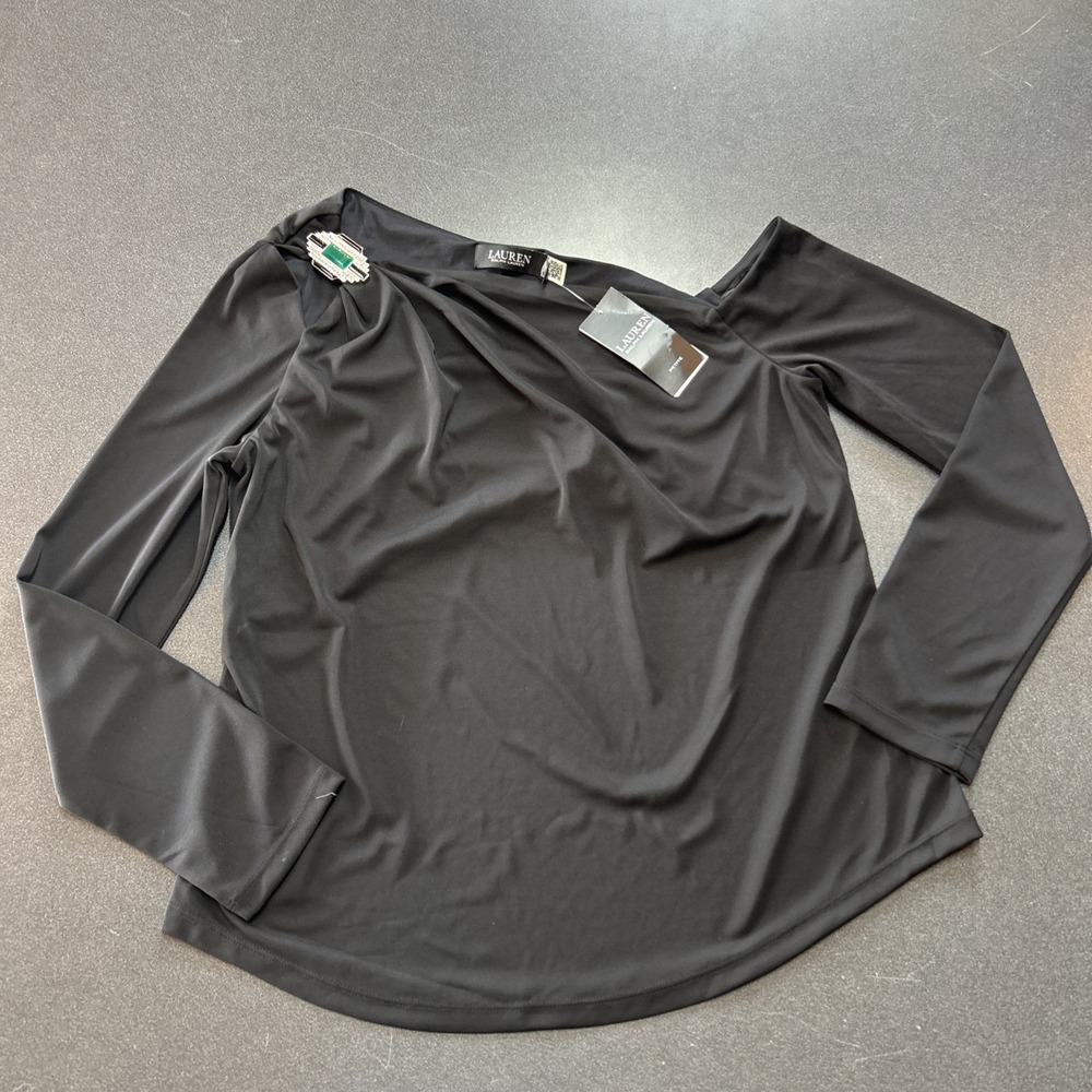 NWT Authentic RALPH LAUREN  Black One Shoulder Long Sleeve Top Petite L - Picture 3 of 10
